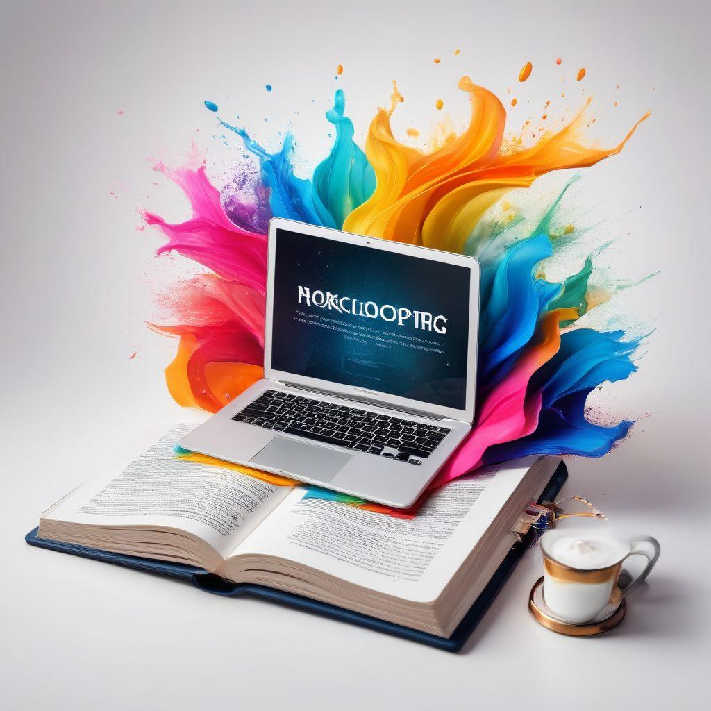 A vibrant, open book with various blog post ideas floating around it, symbolizing creativity and expression. Surround the book with amplifying sound waves radiating in different colors, showcasing the concept of 'unlocking your voice'. Include modern blogging tools like a laptop, smartphone, and a cup of coffee in the background to represent the blogging lifestyle. The scene should feel inspiring and motivational, capturing the essence of successful blogging. super-realistic. vibrant colors. white background.