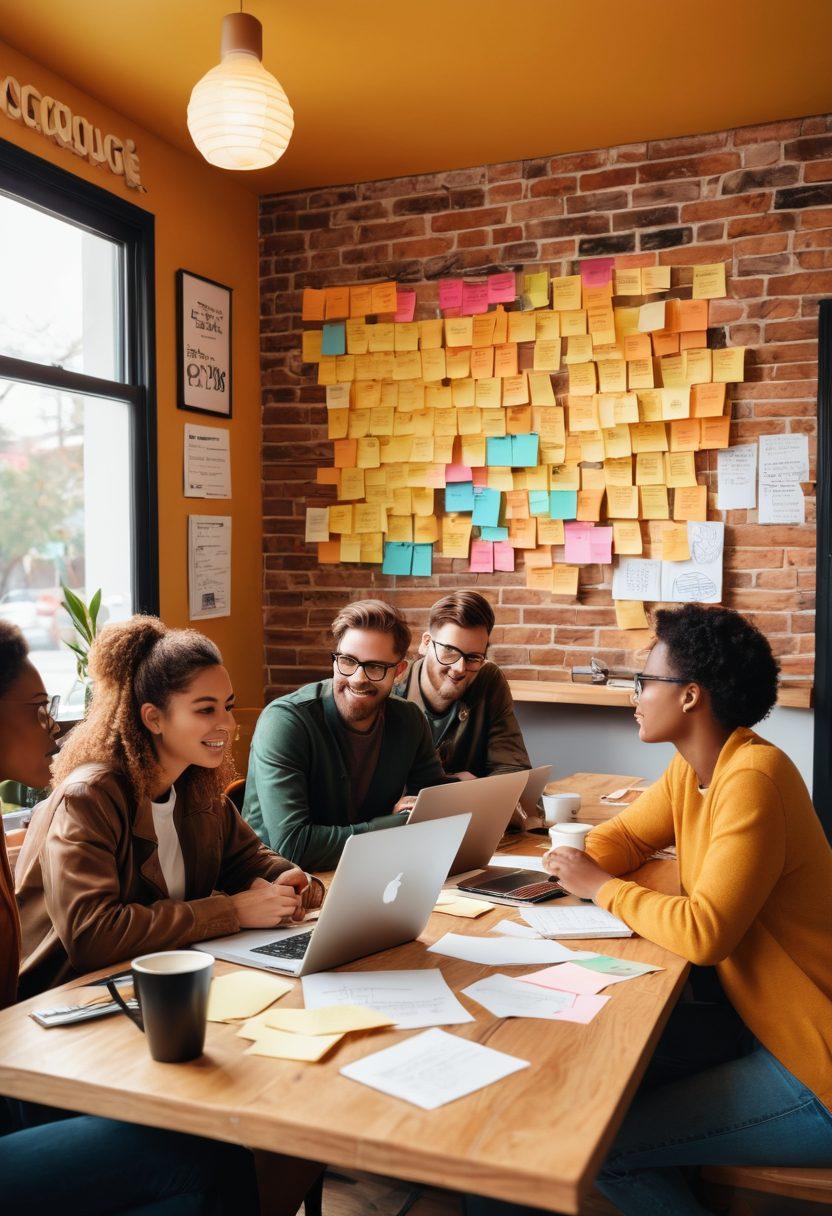 A vibrant scene showcasing a diverse group of creators brainstorming ideas in a cozy coffee shop, surrounded by sticky notes, laptops, and coffee cups. Include inspiring quotes and visuals of impactful content on walls, depicting the transition from ideas to tangible outcomes. The atmosphere should feel energetic and collaborative. vector art. bright colors. warm tones.