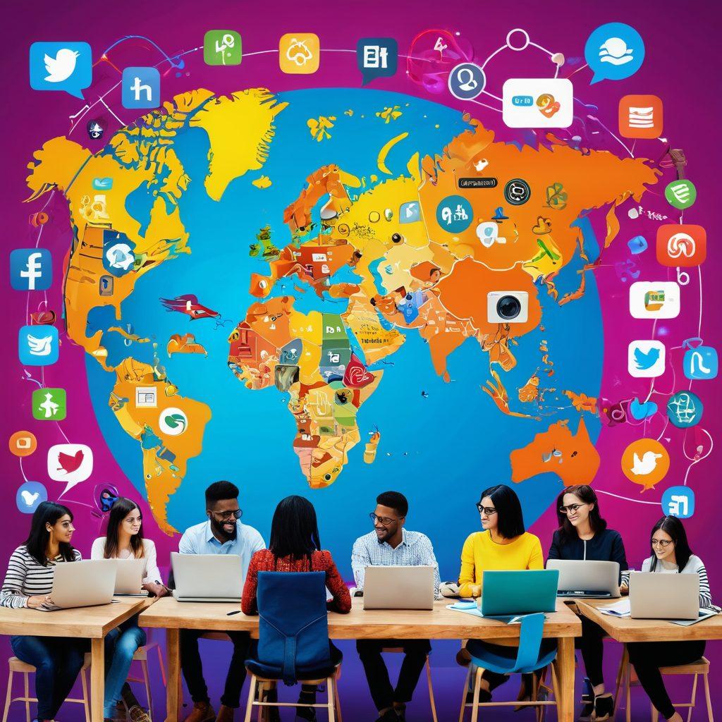 A digital collage depicting a diverse group of bloggers actively engaging with their laptops, surrounded by vibrant icons representing various blogging tools and social media platforms. The scene should include bright colors and dynamic elements to convey a sense of community and creativity in the blogosphere. In the background, a stylized representation of a world map to symbolize global connectivity. super-realistic. vibrant colors. 3D.